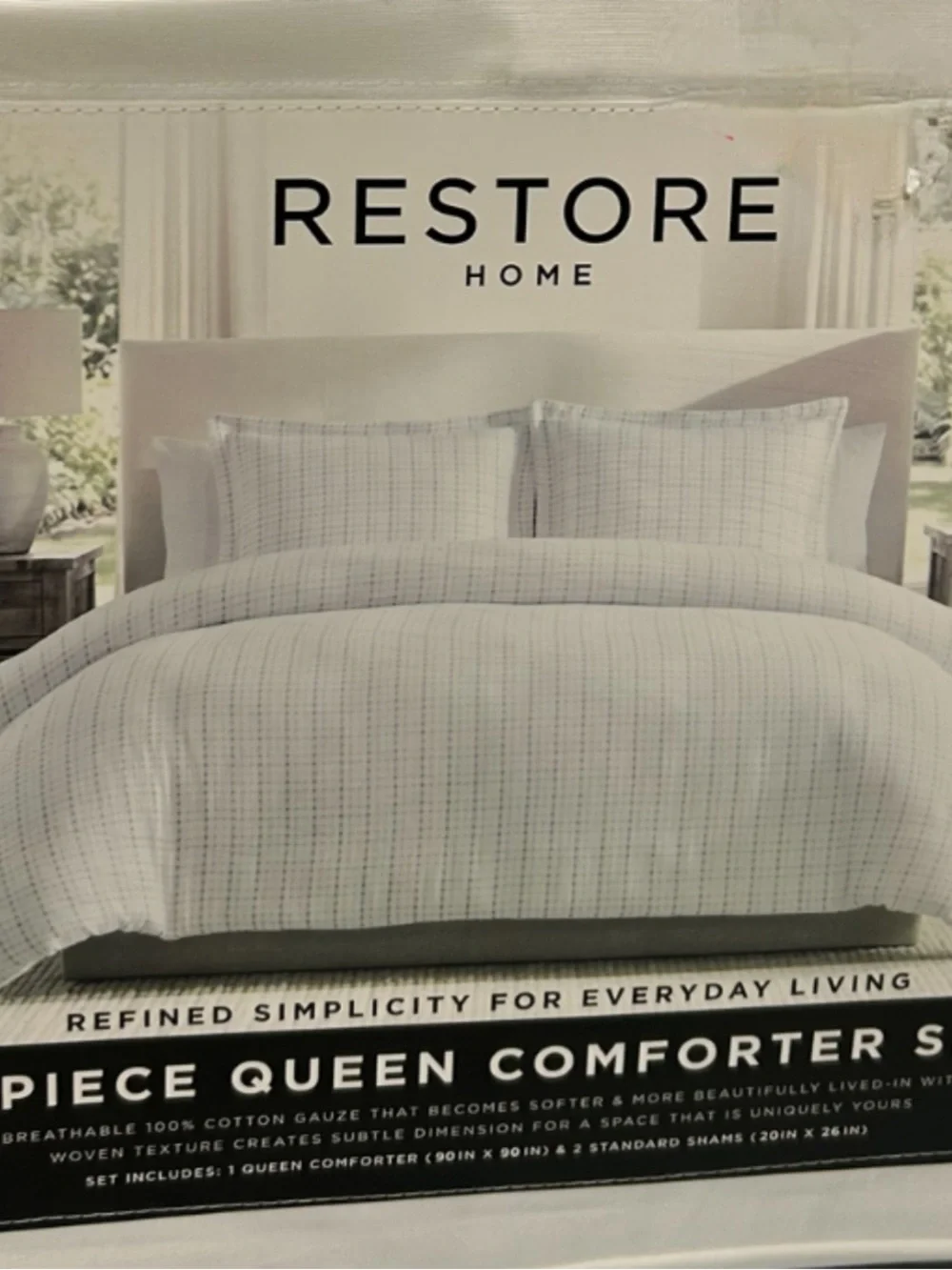 Restore Home Queen Blue and White Checkered Cotton Gauze Comforter Set 90”x90”